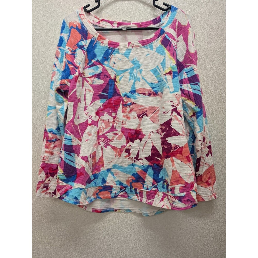 Large Women's T by Talbots UPF 50+ Blue Pink White Floral Shirt Vacation Travel